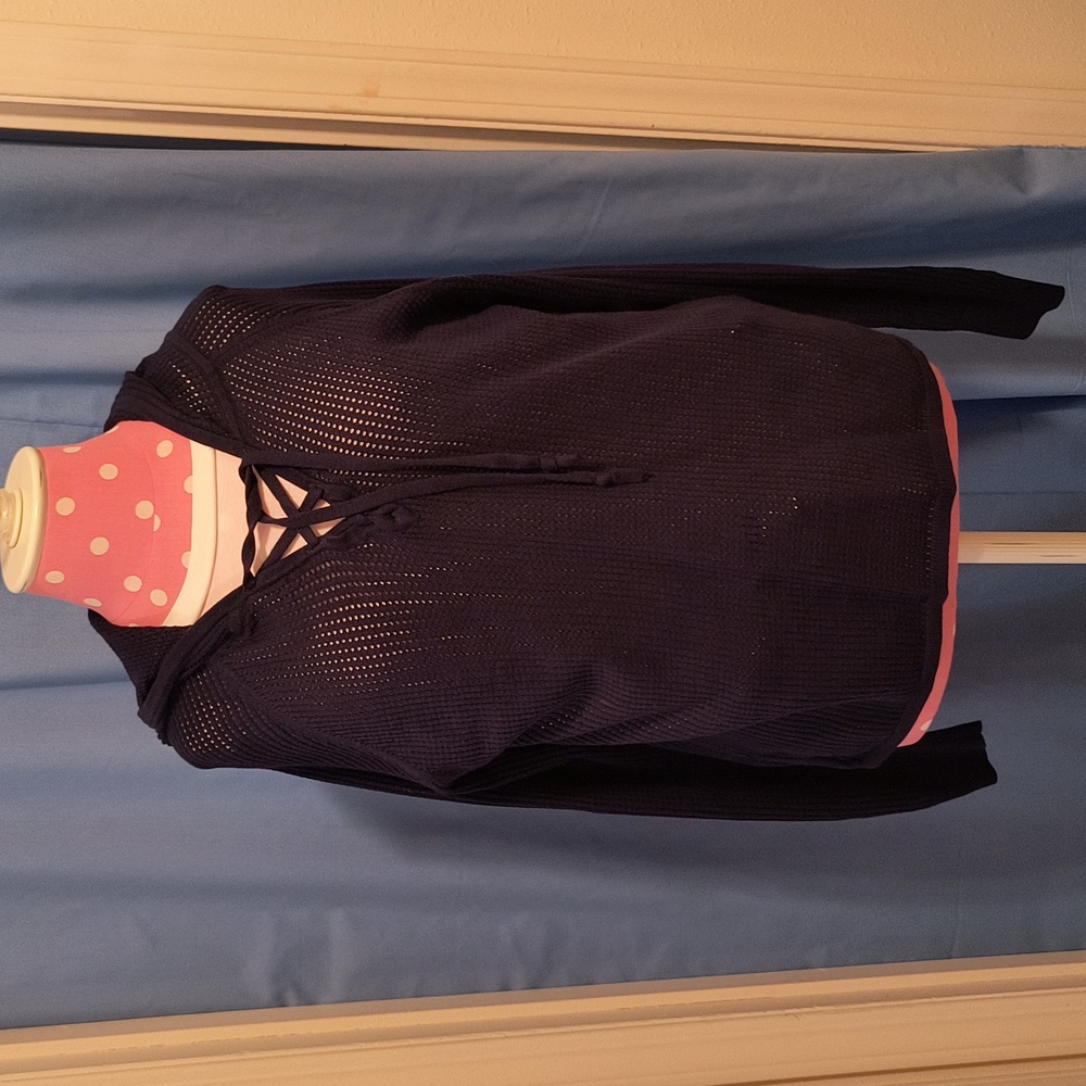 Michael Stars M Navy Mesh Hooded Lightweight Sweatshirt  Cotton/Silk Blend